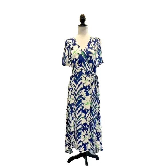 French Connection Blue Diah Wrap Midi Dress Floral Ruffle Short Sleeve Sz 10 - Picture 3 of 7